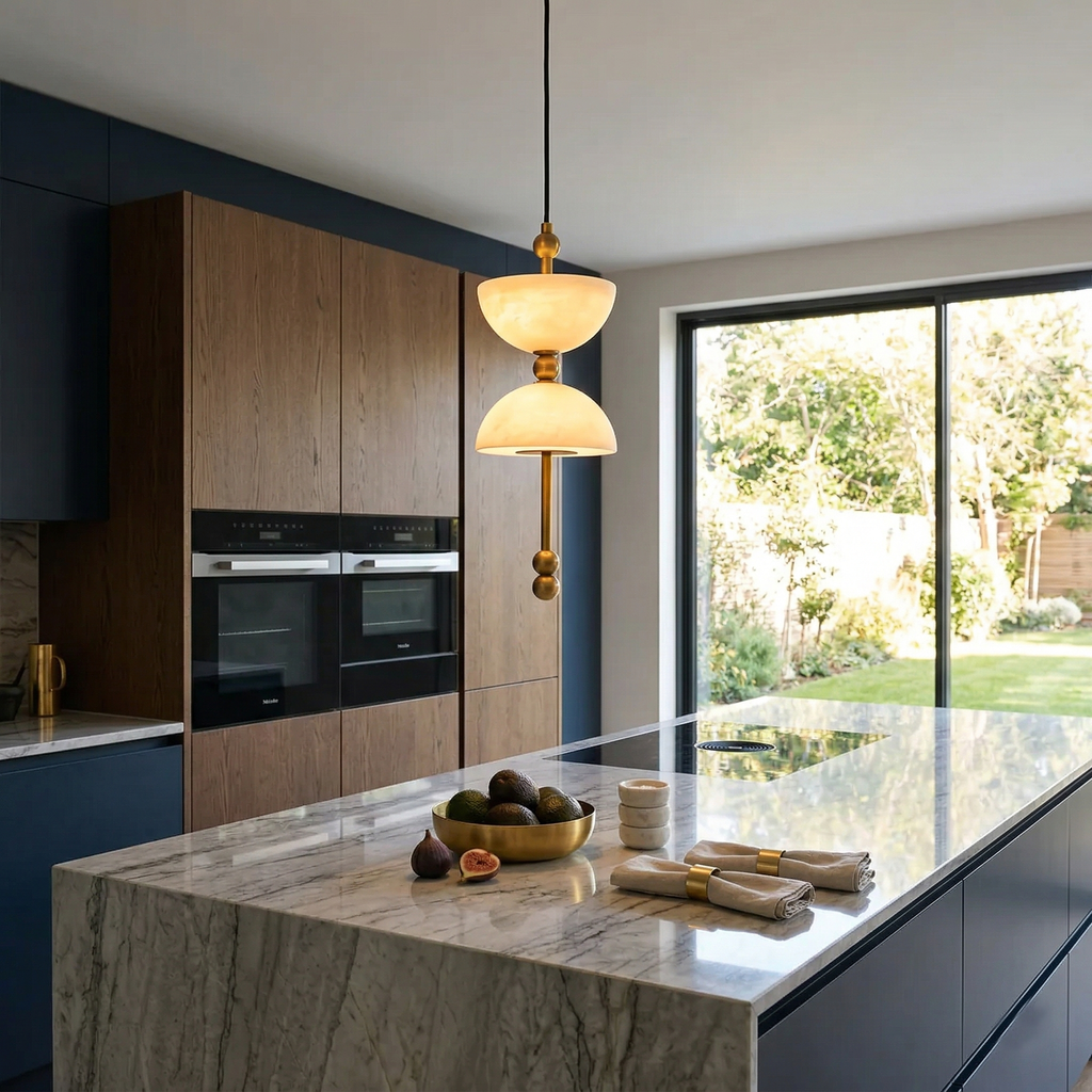 Radilum Lyra Alabaster Pendant Lamp Integrated LED Brass Shade