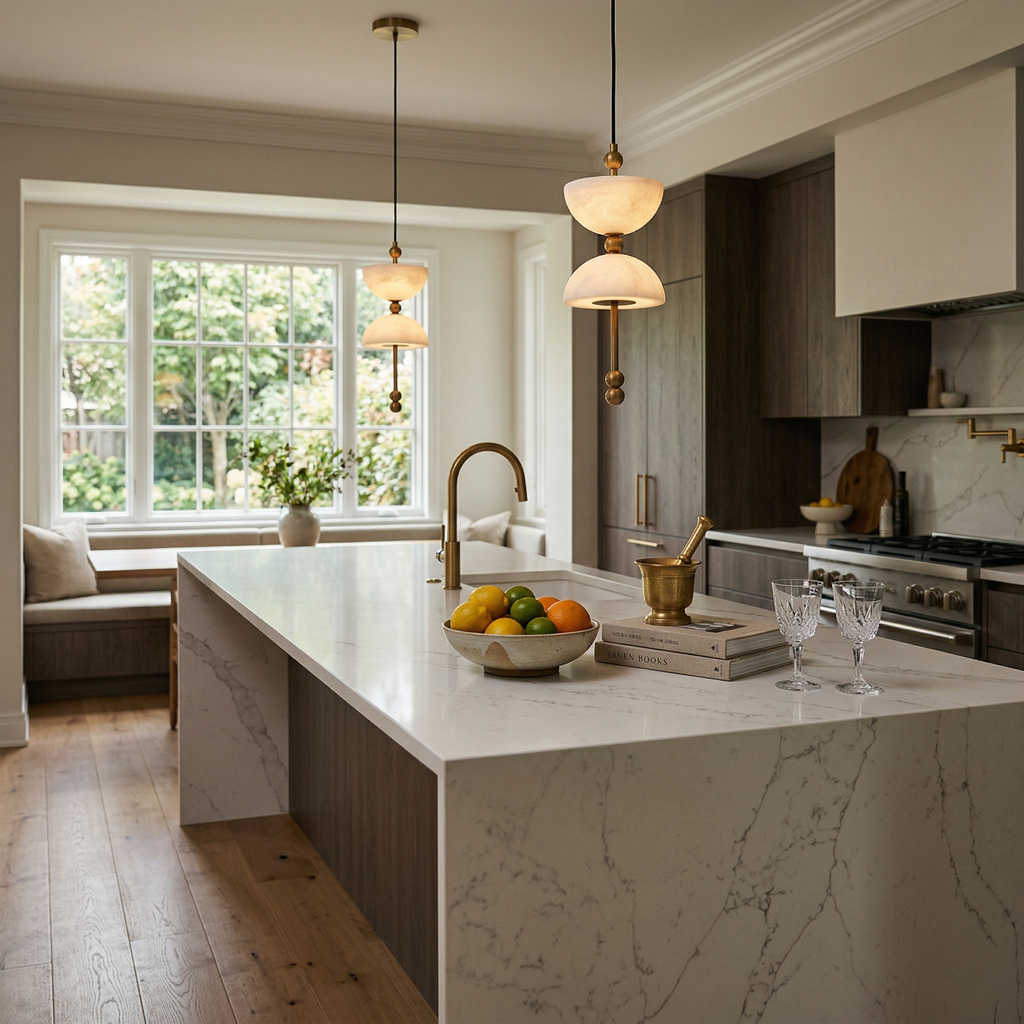 Radilum Lyra Alabaster Pendant Lamp Integrated LED Brass Shade