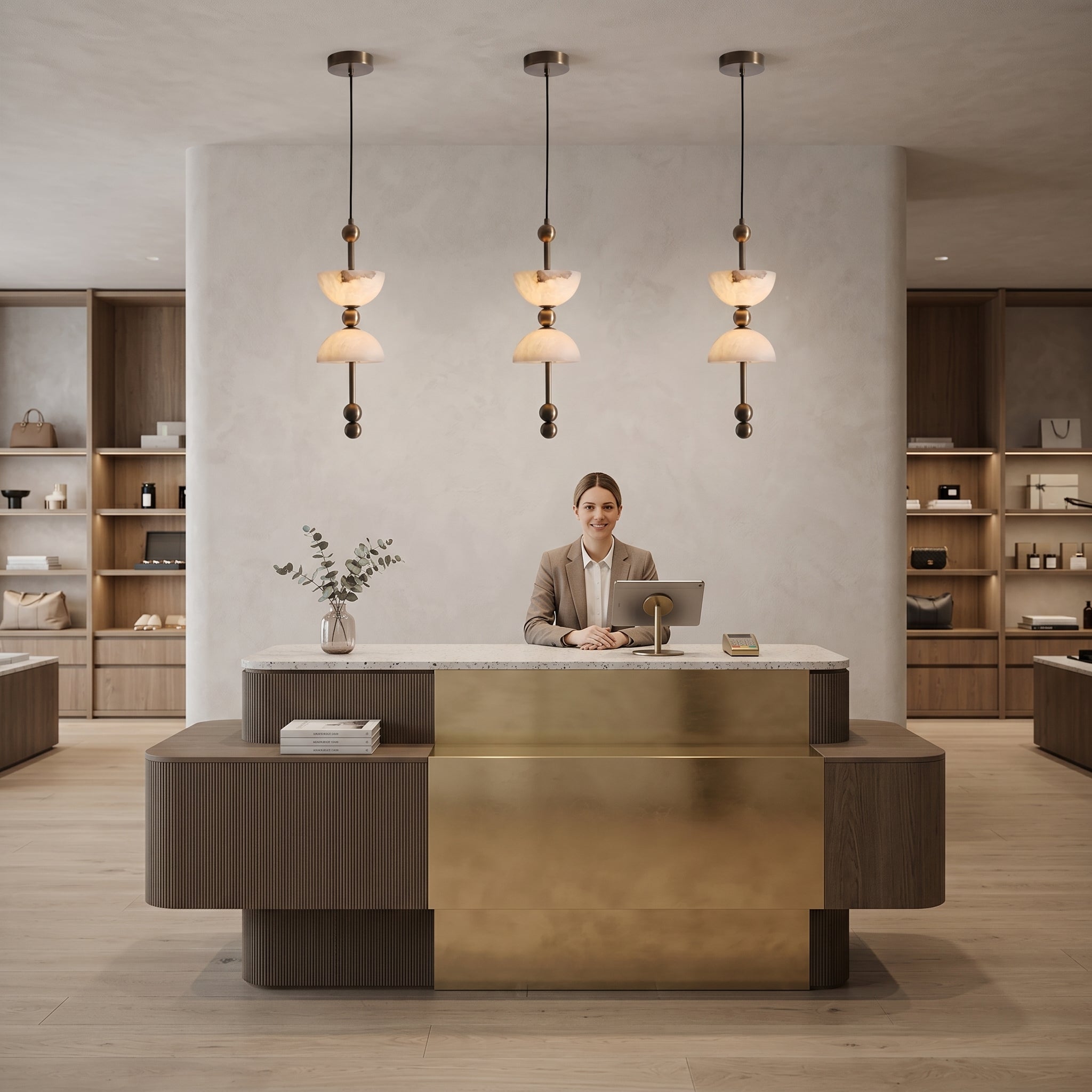 Radilum Lyra Alabaster Pendant Lamp Integrated LED Brass Shade