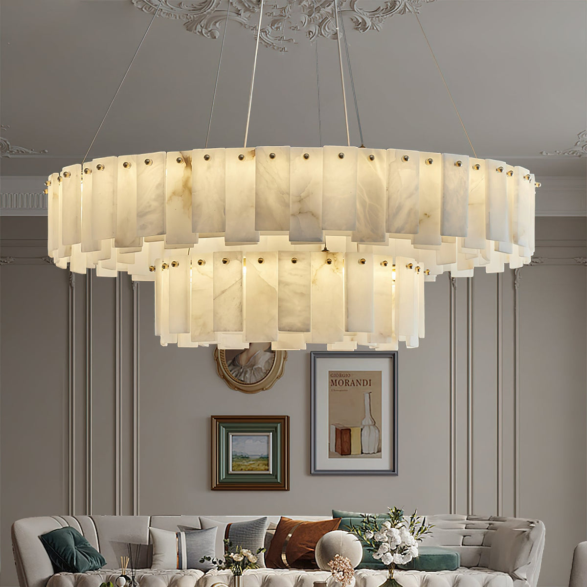 Radilum Celestial Alabaster Round Chandelier Brass Frame