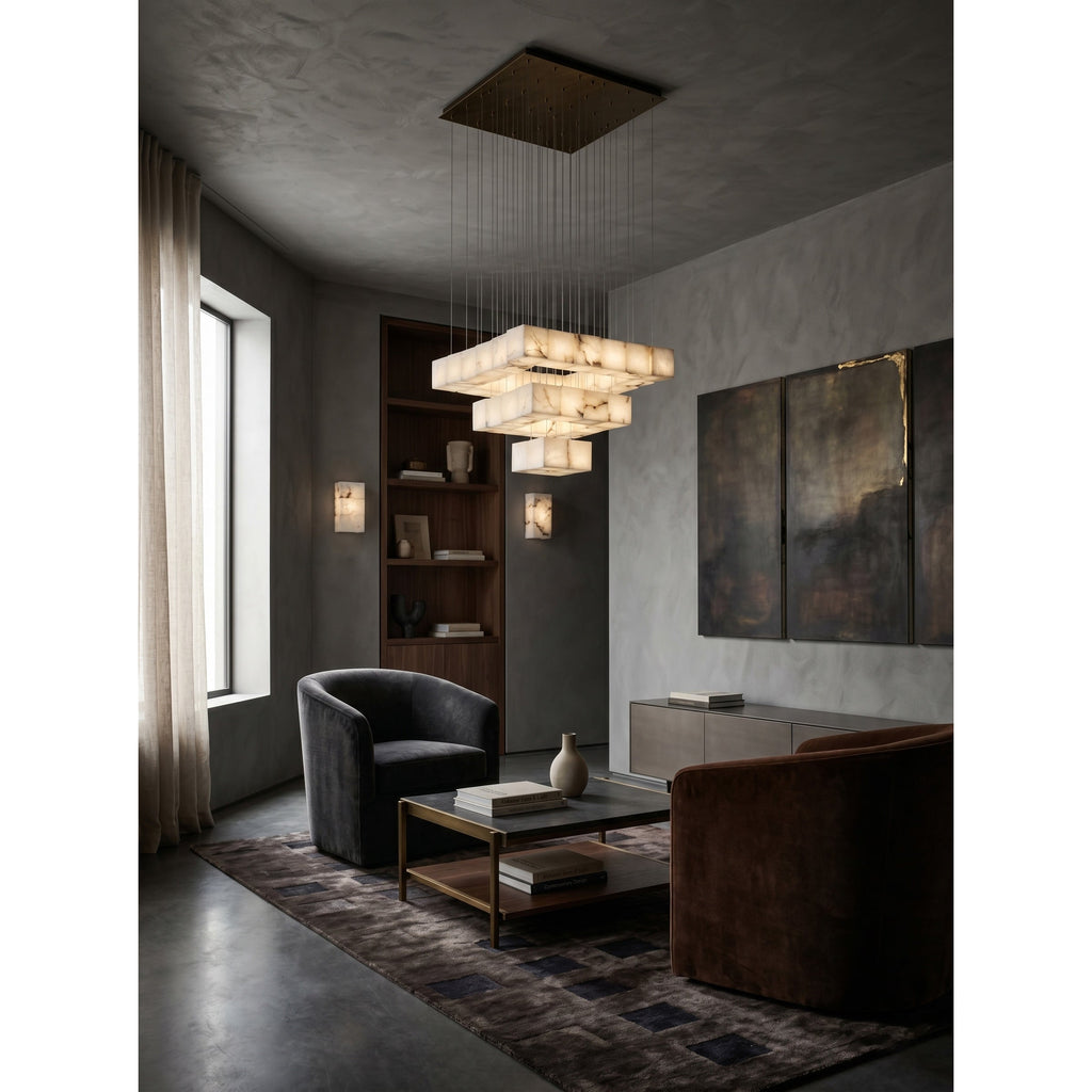 Radilum Alabaster Box Chandelier Brass Frame