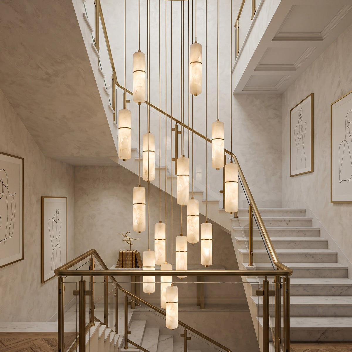 Radilum Canella Alabaster Chandelier Brass Frame