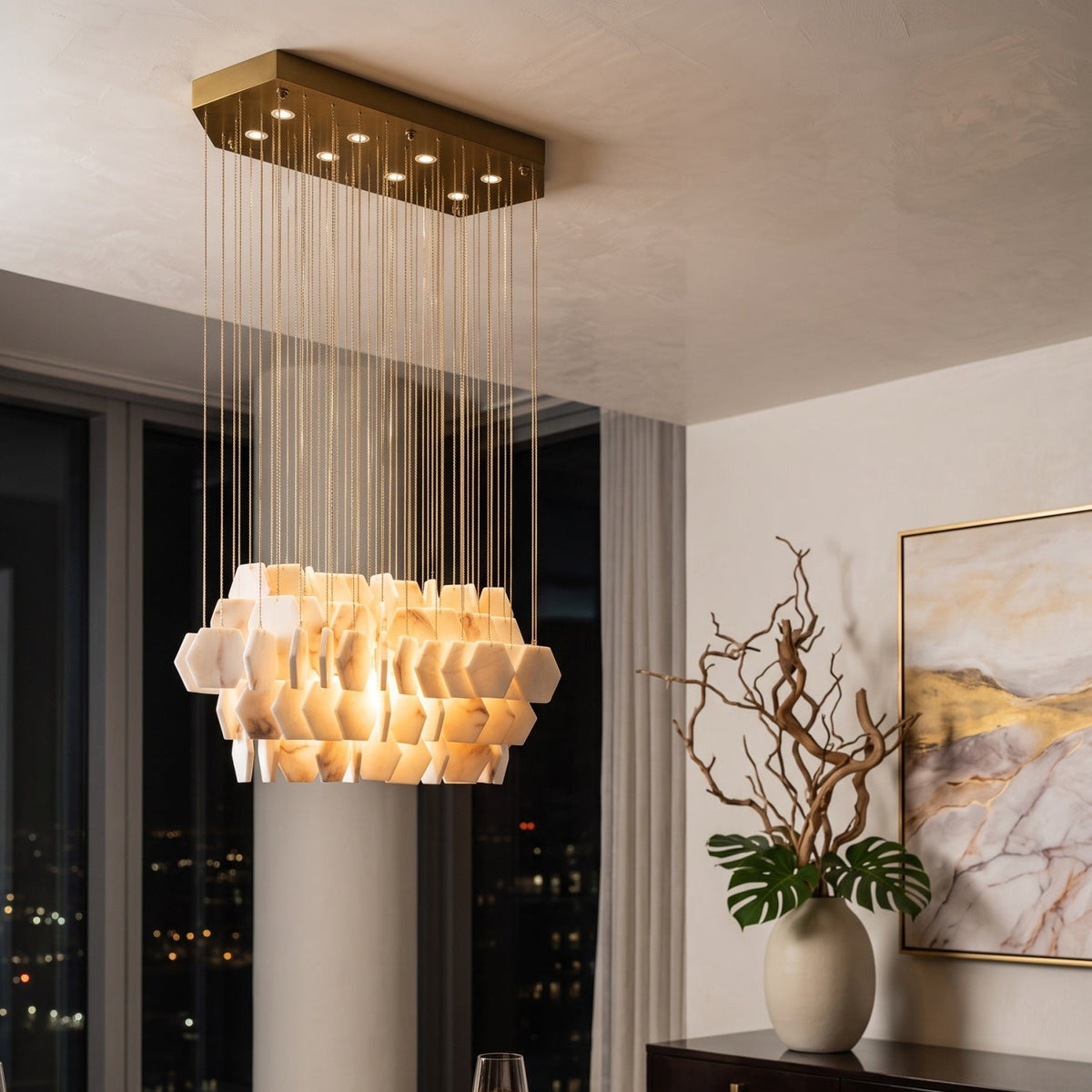Radilum Hexagon Tiered Rain Alabaster Chandelier